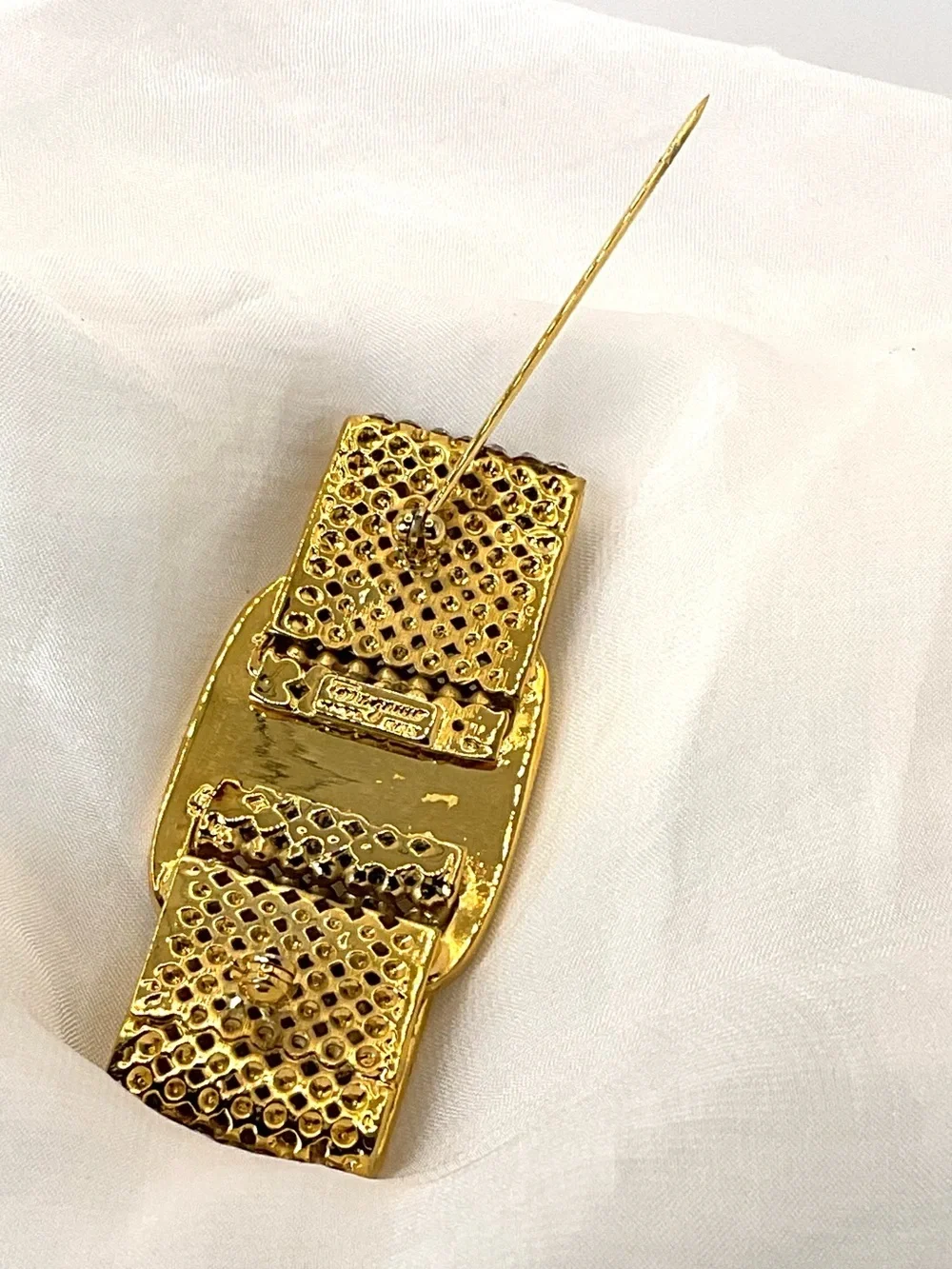 Salvatore Ferragamo Gold and Crystal Vara-Style Bow Brooch